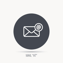 Envelope mail icon. Email message with AT sign. Internet letter symbol. Round web button with flat icon. Vector