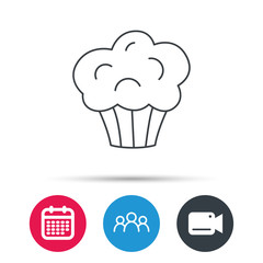 Muffin icon. Cupcake dessert sign. Bakery sweet food symbol. Group of people, video cam and calendar icons. Vector