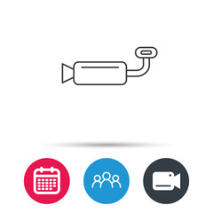 Muffer icon. Car fuel pipe or exhaust sign. Group of people, video cam and calendar icons. Vector