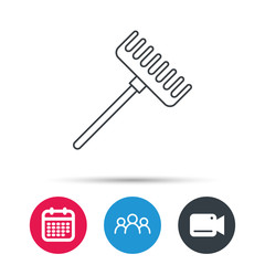 Rake icon. Gardening equipment sign. Outdoor instrument symbol. Group of people, video cam and calendar icons. Vector