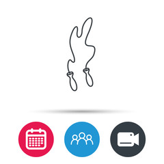 Skipping rope icon. Jumping sport tool sign. Cardio fitness symbol. Group of people, video cam and calendar icons. Vector