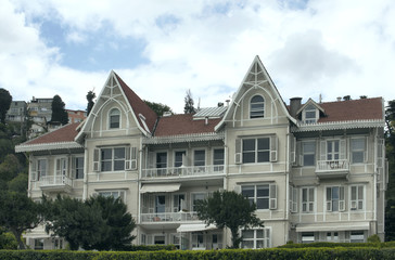 View of traditional, historical building in Istanbul. Architectural details shows the style dated back in 19th century.