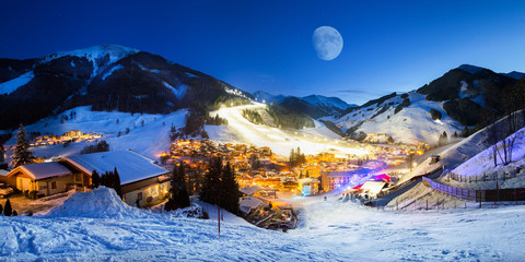 Ski resort village panorama alpine mountains landscape - obrazy, fototapety, plakaty
