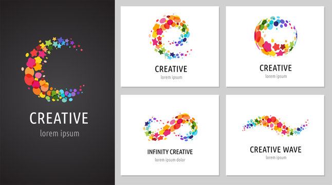 Creative, digital abstract colorful icons, elements and symbols, logo collection, template with letters