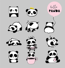 Cute Panda bear illustrations, collection of vector hand drawn elements, black and white icons