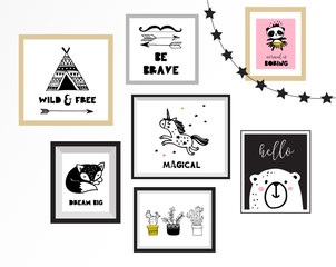 Scandinavian style, simple design, clean and cute black, white illustrations, collection of posters for children room, nursery decor, interior design