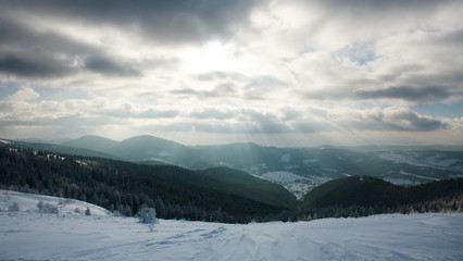Fototapeta na wymiar Cloudy sky and sun beams winter forest in mountains