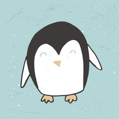 Funny penguin  on snowy background. Cute  illustration for card, poster, t-shirt design, banner or home decor element. Vector typography.
