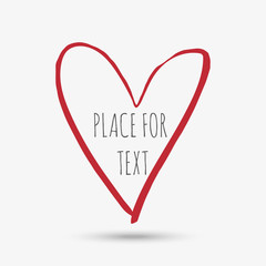 Ink hand drawn red heart isolated on grey background with place for text. Vector design.