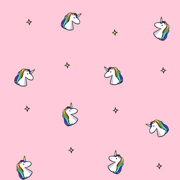 Vector Seamless Pattern With Rainbow Unicorns. Pink Unicorn Background