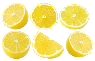 Collection of lemon fruit. Half, slices isolated on white, clipping path