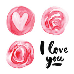 Fototapeta premium Valentine card. Watercolor painting with hand lettering. I love you. 