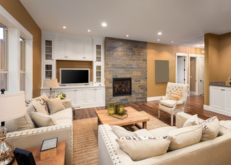Beautiful living room interior with hardwood floors and fireplace in new luxury home