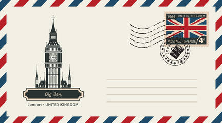 Fototapeta na wymiar an envelope with a postage stamp with London Big Ban, and the flag of United Kingdom