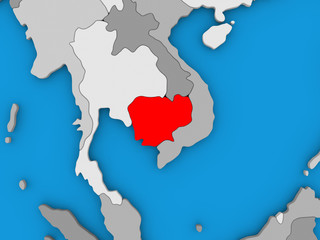 Cambodia in red on globe