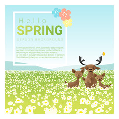 Hello spring landscape background with deer family , vector , illustration