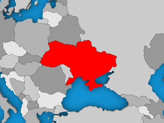 Ukraine in red on globe
