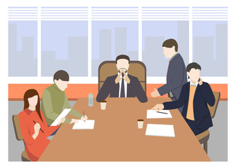 Business characters. Working people, meeting, teamwork. Conference table, brainstorm. Workplace. Office life. Flat design vector illustration.
