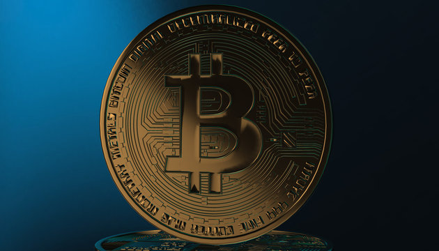 Golden Bitcoins, new virtual money on various digital background, 3D render