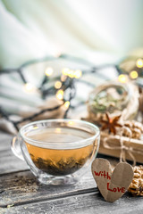 Valentine's day still life with tea and a heart