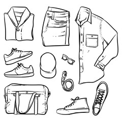 Hand drawn vector clothing and accessories on white background.