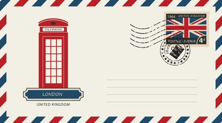 an envelope with a postage stamp with London phone booth, and the flag of United Kingdom