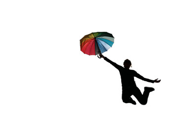 woman flying away in blue sky with rainbow colored umbrella isolated on white