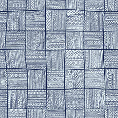 Seamless pattern of patchwork. Elegant blue ornament. Tribal and