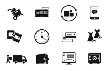 Icon set for internet shop or logistic company. Goods storage and delivery, payment and refund. Vector pictograms on white background.