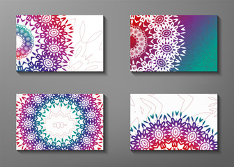 Set of vintage colorful visiting card. Floral mandala pattern. Business cards.  Front  and back page.