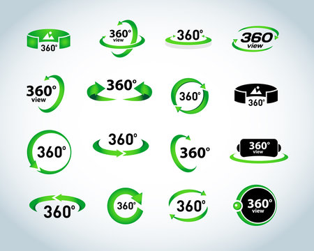 360 Degrees View Vector Icons set. Virtual reality icons. Isolated vector illustrations.