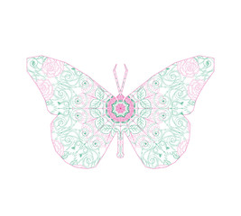 Silhouette of butterfly with circular ornament like spiderweb in lime and pink tones.  Floral mandala art.