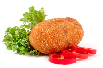 fried breaded cutlet with lettuce isolated on white background