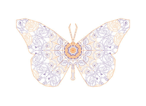 Silhouette of butterfly with circular ornament like spiderweb in orange and violet . Floral mandala art.