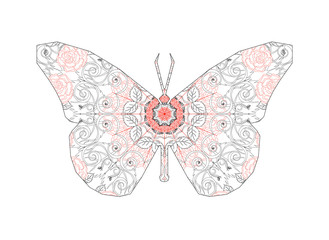 Silhouette of butterfly with circular ornament like spiderweb in red and black tones.  Floral mandala art.