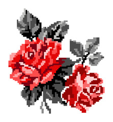 Fototapeta premium Color bouquet of flowers (roses) in red and grey tones using traditional Ukrainian embroidery elements. Can be used as pixel-art, card, emblem, icon.