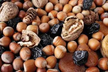 Selection of dried fruits and nuts as symbols of Tu Bishvat, copy space