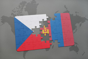 puzzle with the national flag of czech republic and mongolia on a world map