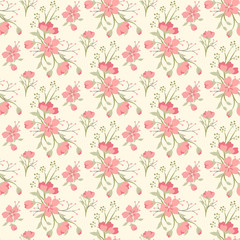 Vector retro cute seamless pattern with red simple flowers and branches. Floral background for printing on fabric, paper for scrapbooking, gift wrap and wallpapers.