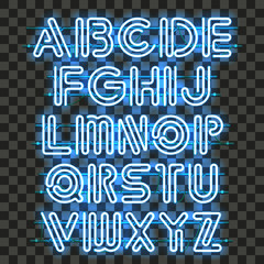 Fototapeta premium Glowing blue Neon Alphabet with letters from A to Z. Shining and glowing neon effect. Every letter is separate unit with wires, tubes, brackets and holders that can be combined with other.