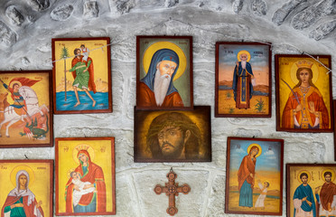 Many Orthodox icons at Monastery of St Gerasimus. Israel