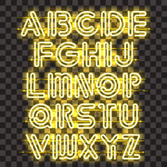 Glowing Yellow Neon Alphabet with letters from A to Z. Shining and glowing neon effect. Every letter is separate unit with wires, tubes, brackets and holders that can be combined with other.