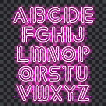 Glowing purple Neon Alphabet with letters from A to Z. Shining and glowing neon effect. Every letter is separate unit with wires, tubes, brackets and holders that can be combined with other.