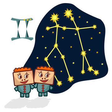 Cartoon Zodiac signs. Vector illustration of the Gemini with a rectangular faces. A schematic arrangement of stars in the constellation Gemini