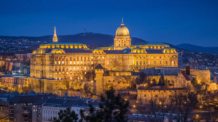 Fototapeta na wymiar Budapest, Hungary - The beautiful Buda Castle (Royal Palace) as seen from Gellert Hill illuminated in winter time at blue hour