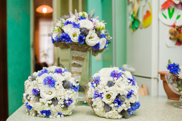 Big wedding bouquet before ceremony. Bride hands. 