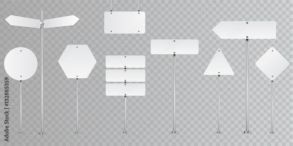 Poster set of blank vector road signs isolated on transparent background.