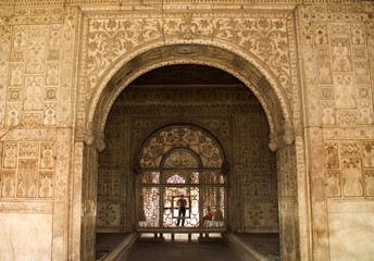 Fototapeta na wymiar Mughal Designs on Interior Red Fort, Delhi, India