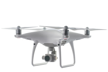 Flying drone quadcopter isolated on white with clipping path