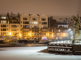 Gdansk old town frozen river at winter